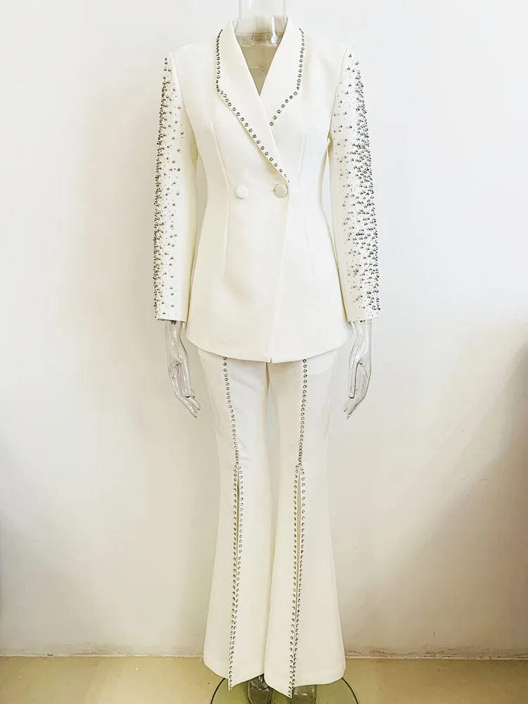 S / White New Style Fashion Women's White Wear Beaded Diamond Two Pieces Suit Long Pants Business Blazer