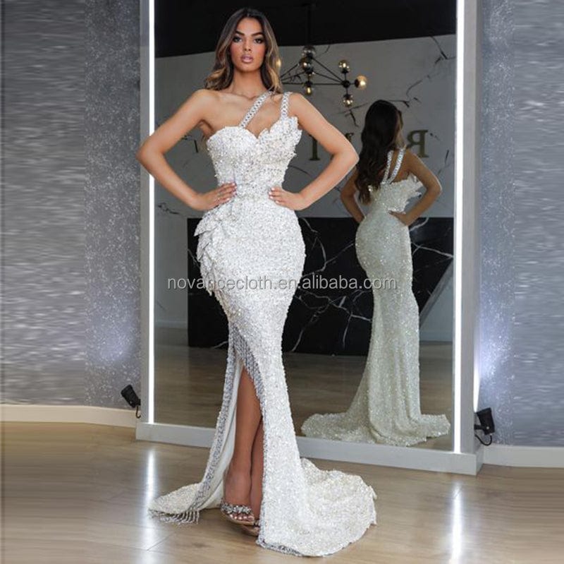 S / White Nocance F3142 Customised Womens Elegant Womens Dresses Off Shoulder High Slit Bodycon Design Sexy Maxi Casual Evening Dress