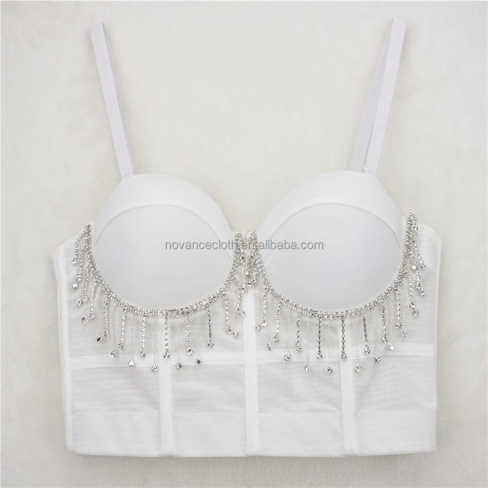 S / White NOVANCE tops de mujer de moda 2022 sexy hot girls suspenders diamond fringed white crop top short slim camisoles