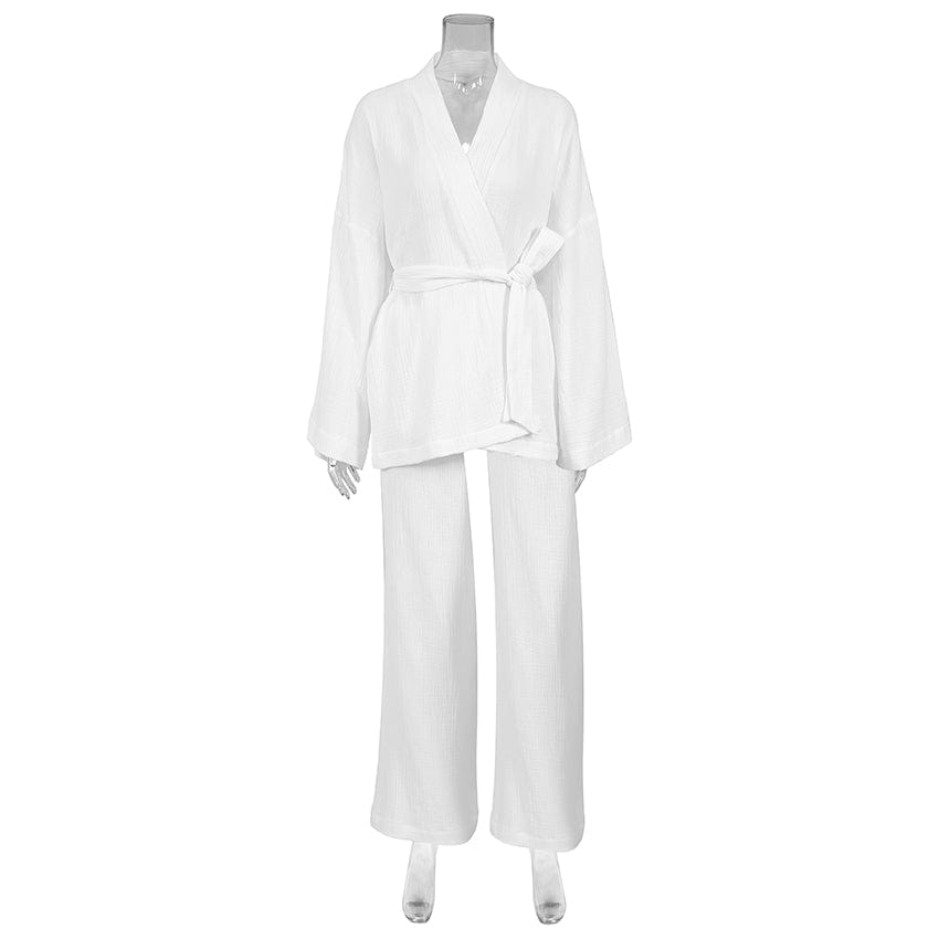 S / White OOTN Ladies Sleepwear Suit Women's Home Service Mujer Kimono Pajamas 2023 New 100% Cotton Crepe Long-Sleeved Trousers