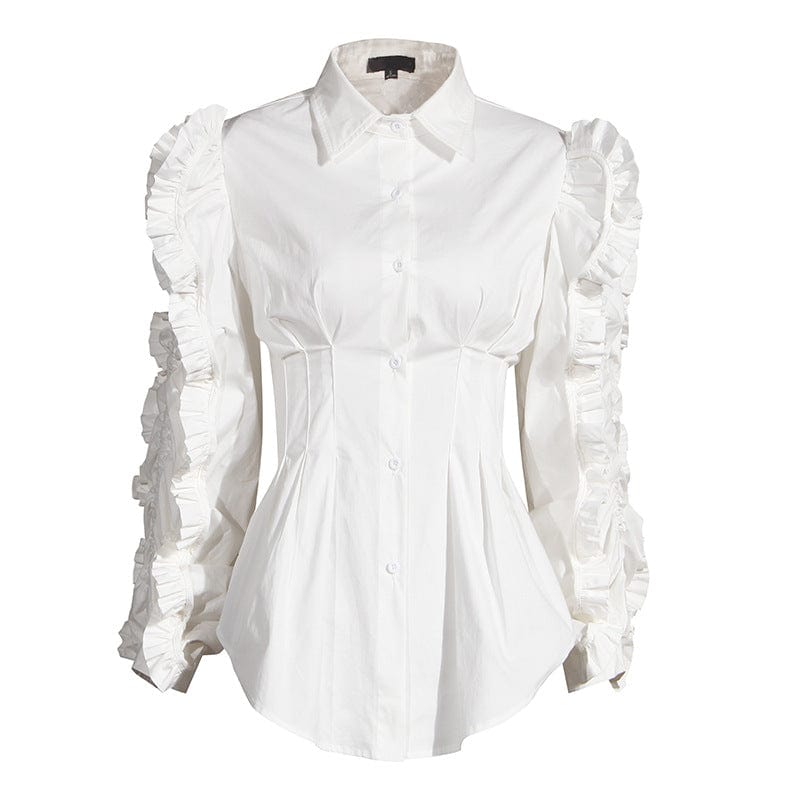 S / White Shirt Blouse  Loose Pleated Ruffled Lapel Waist Long Sleeve Elegant White Shirt Women