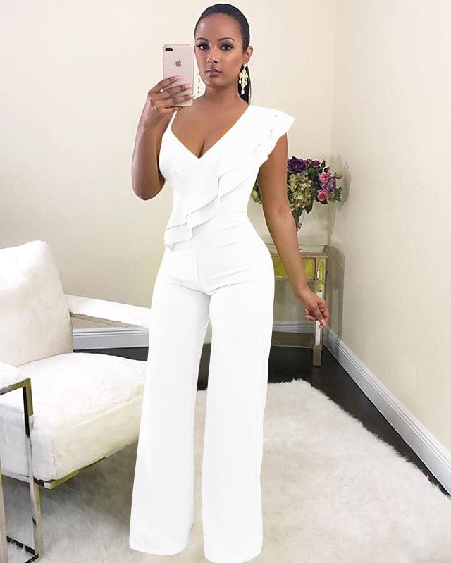 S / White Stock Available Summer V Neck Jumpsuit High Waist Sleeveless Ruffle Jumpsuits Elegant Women One Piece Jumpsuit