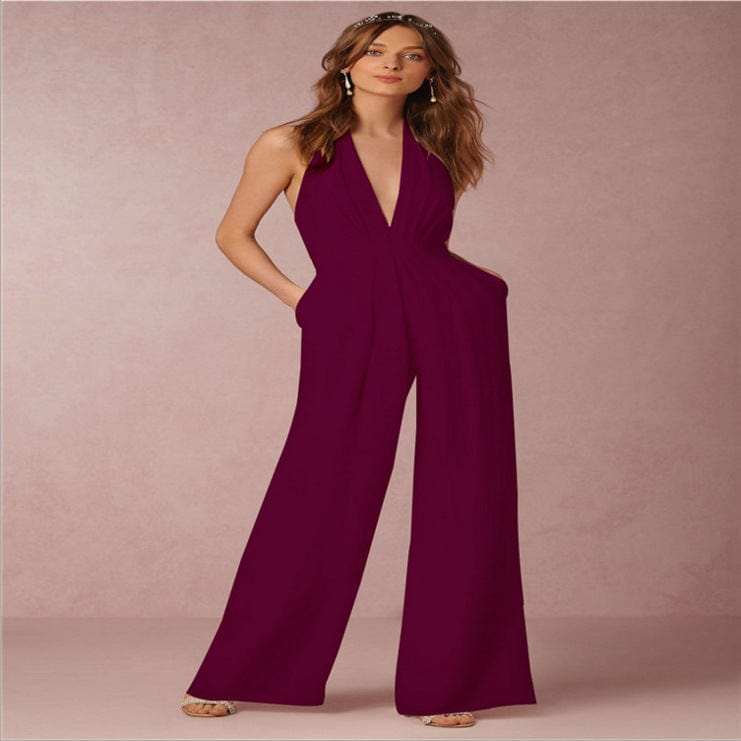 S / WINE RED OCS Cotton Olive Green Wide Leg Jumpsuit For Women High Waist Elegant Deep V Neck Backless Sleeveless Halter Jumpsuits