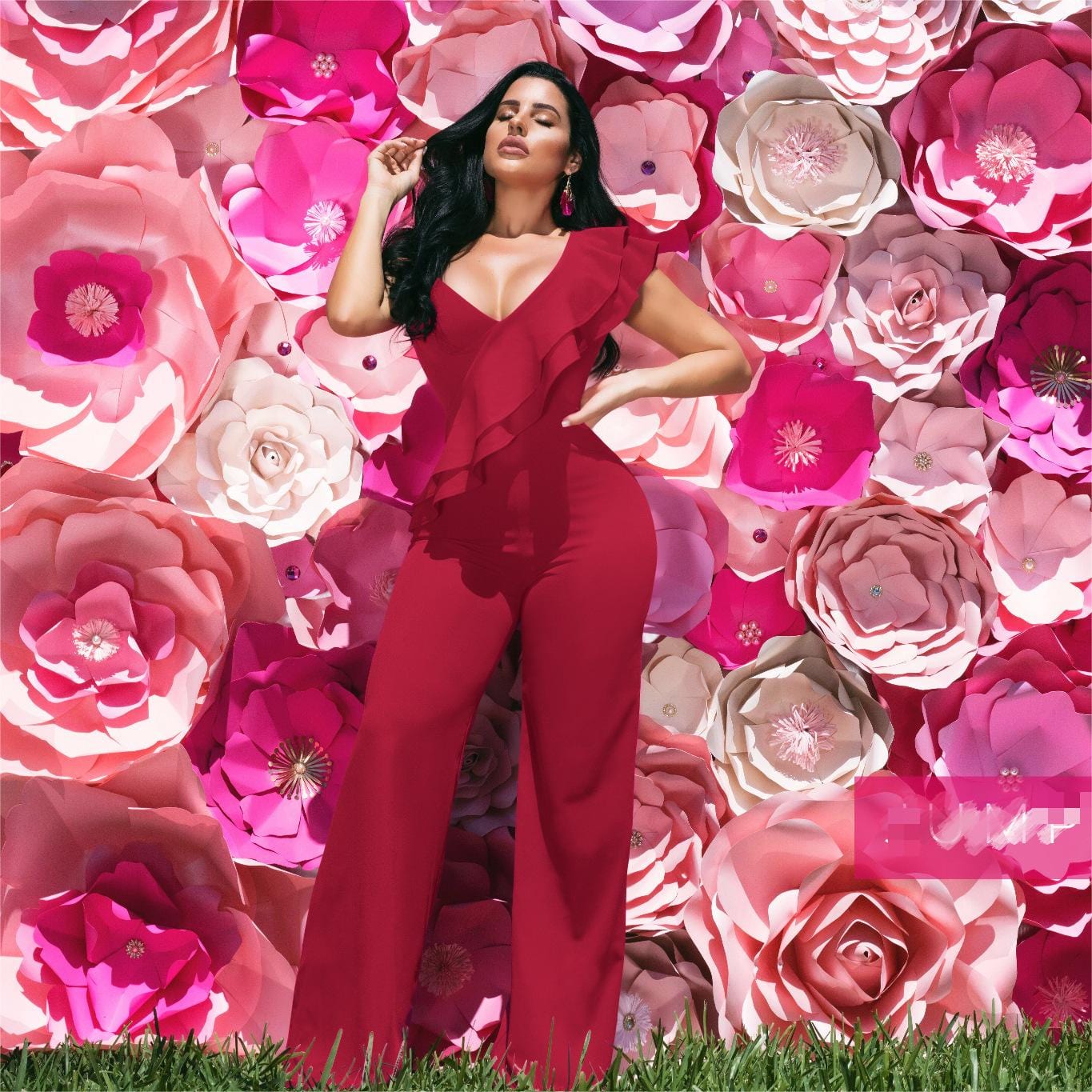 S / wine red Stock Available Summer V Neck Jumpsuit High Waist Sleeveless Ruffle Jumpsuits Elegant Women One Piece Jumpsuit