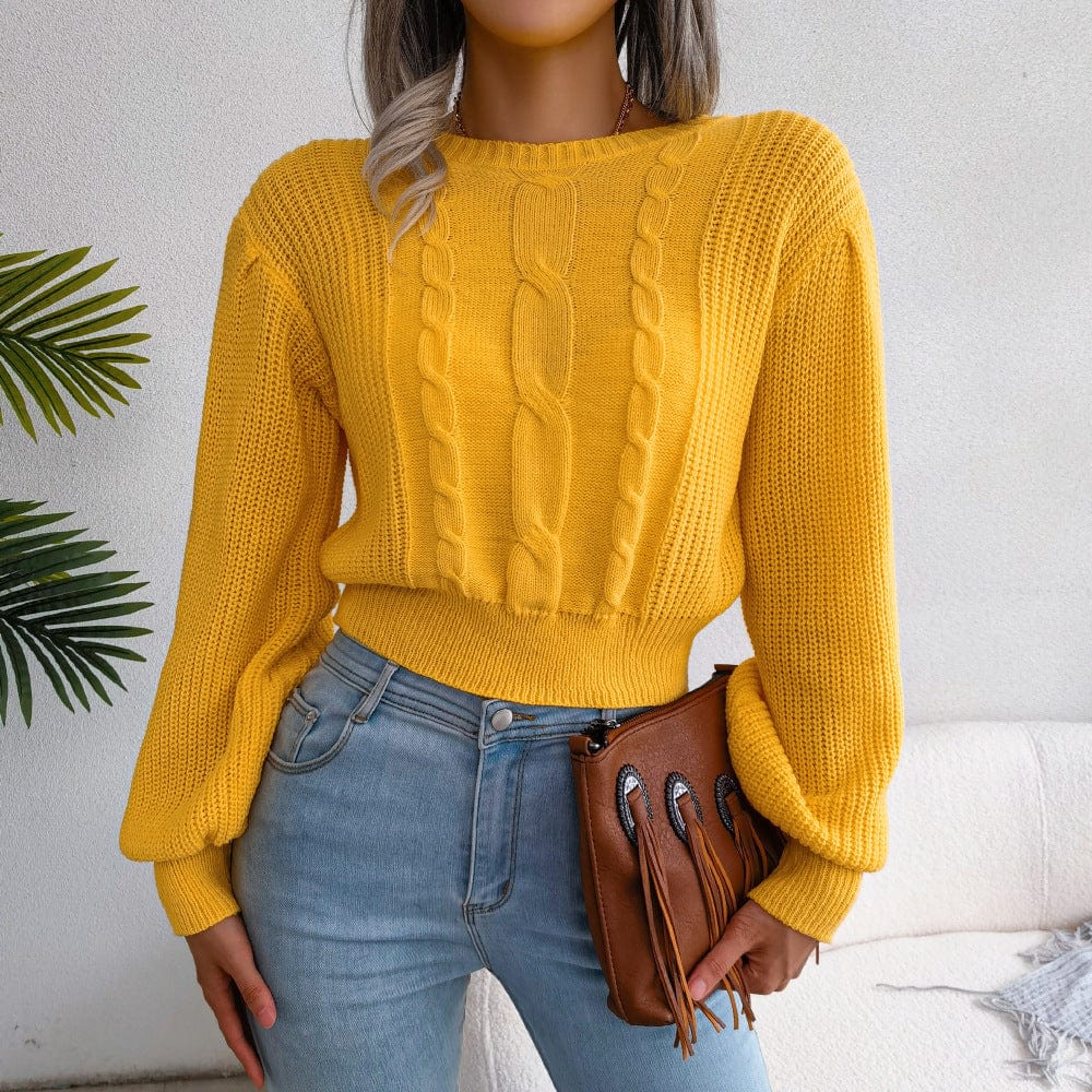 S / Yellow 10%OFF Autumn and winter European and American casual twist lantern sleeve waist knitted sweater women's pullover