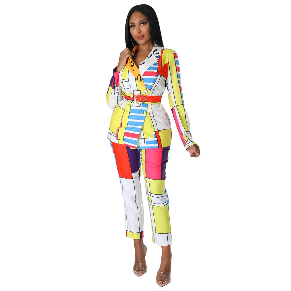 S / Yellow C1102TA82 New Design Office Casual Print Blazer Two Piece Pants Set For Women Sehe Fashion