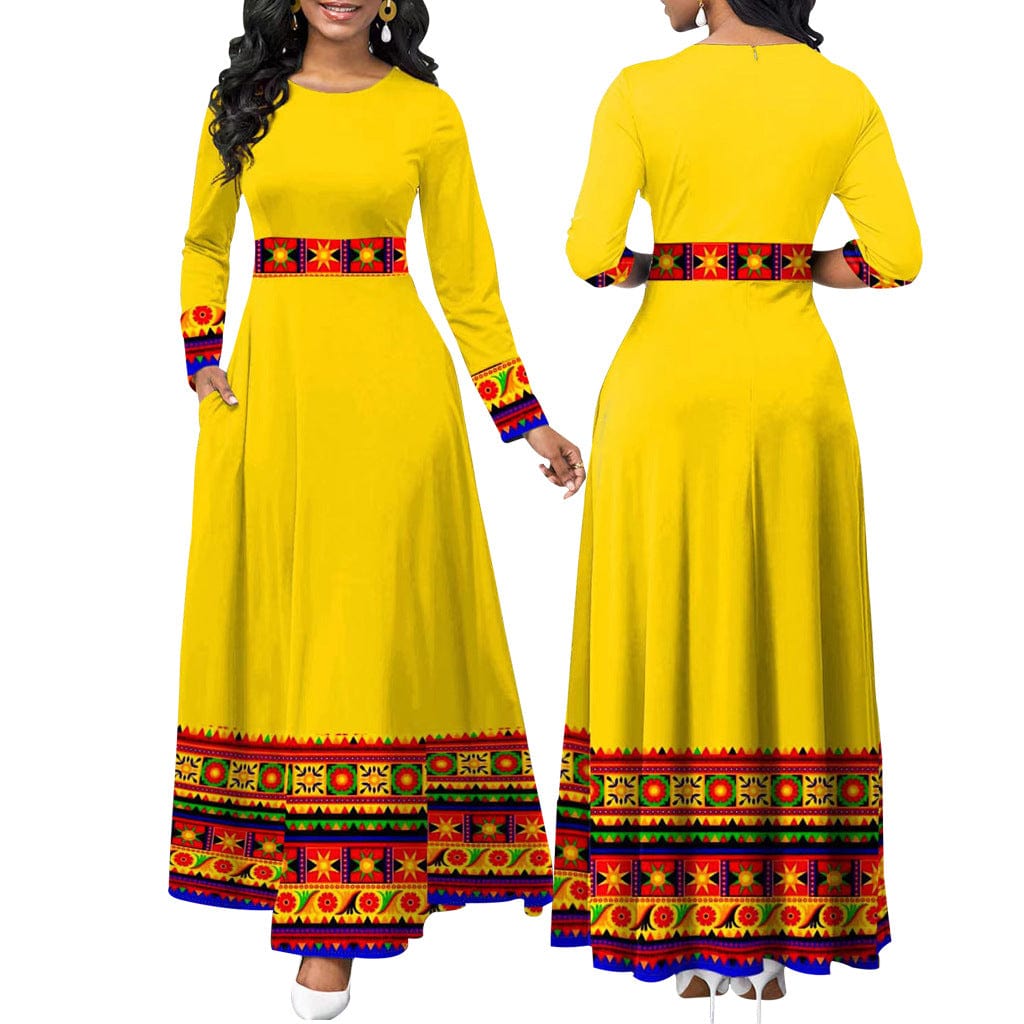 S / Yellow C1103ME11 New Popular Casual Print Spliced High Waist Autumn Maxi Dress Women Sehe Fashion