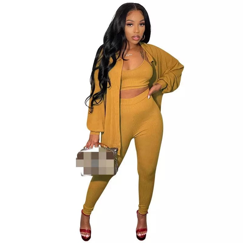 S / Yellow cardigan tank top and pant there piece women outfit clothing 2022 autumn 3 piece pant suit