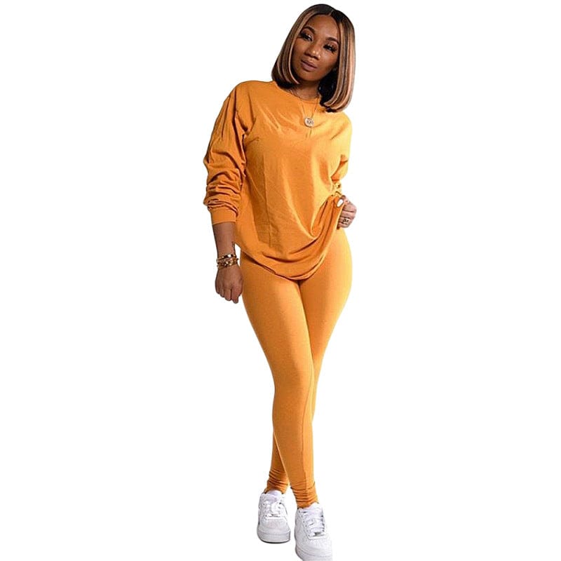 S / Yellow cotton women 2 piece sets clothing fall long sleeve two piece pants set for women