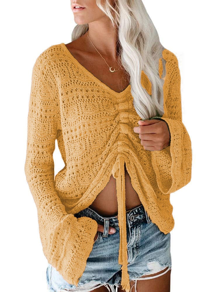 S / Yellow fashion hollow out knitted blouses women casual top 2022 autumn drawstring v neck knit pullover sweater top