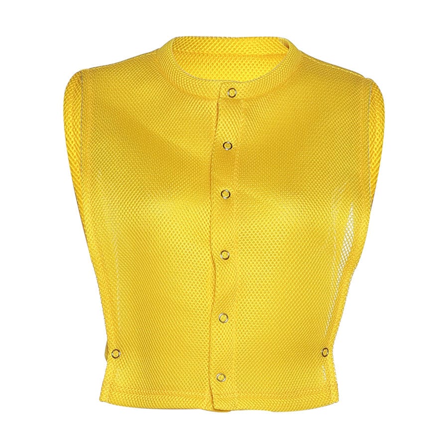 S / Yellow Kliou K22L22928 sleeveless top solid o-neck see through net shirts sexy tops for women