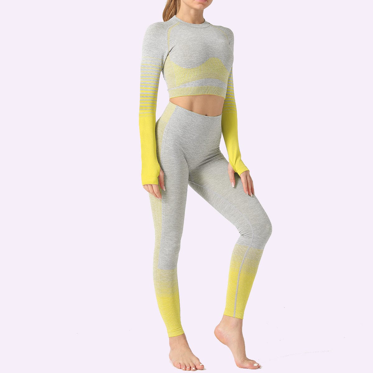 S / Yellow New Stripe Long Sleeve Seamless Knit Butt Lift Mesh High Waist Yoga Set Woman