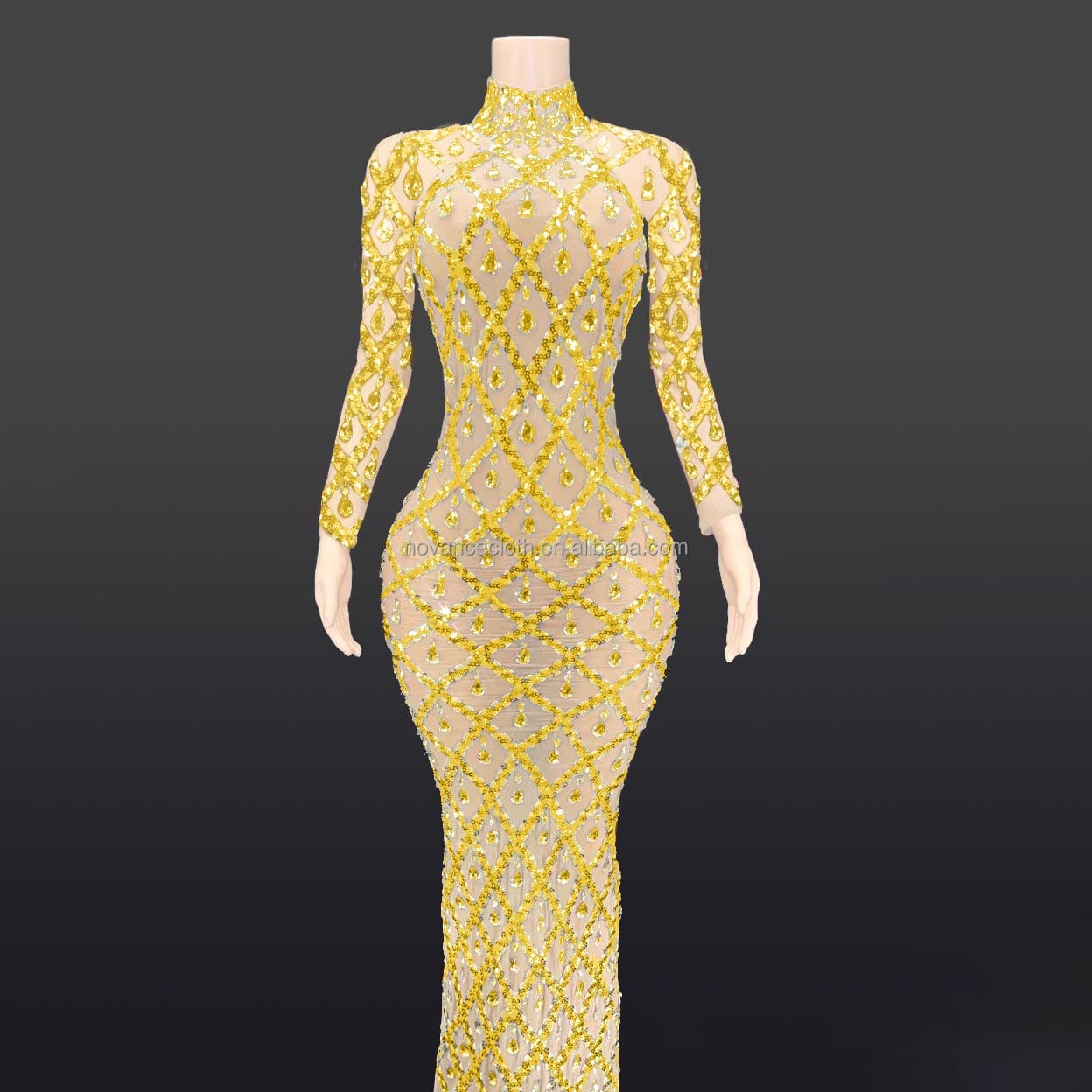 S / Yellow Novance  Y2520 2023 New Design Yellow Bright Diamond Sequins Fishnet Ladies Ball Gowns Dresses For Women For Party