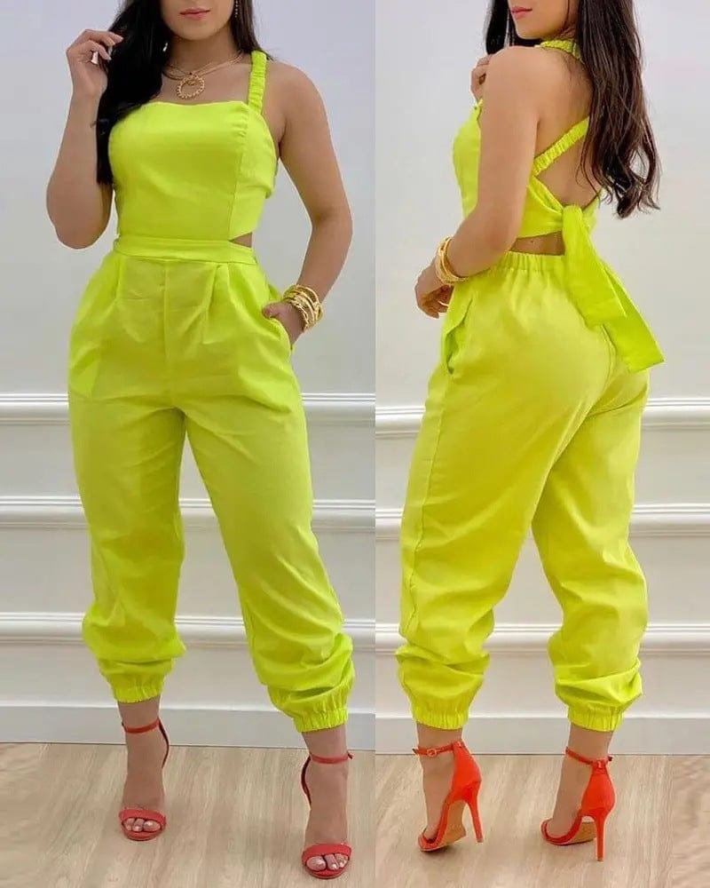 S / Yellow Wholesale Women's Loose Cut Out One Piece Jumpsuit Workout Sleeveless Backless  Cargo Jumpsuits Women 2022