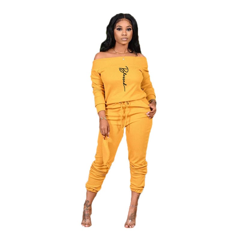 S / Yellow Z67972 Fall Fashion Off Shoulder women Casual Print two piece pants set