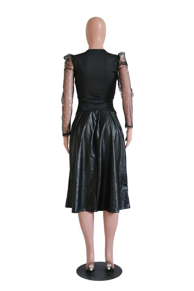 S216 newest long sleeve sequined shirt with pu leather long skirt two piece set women clothing