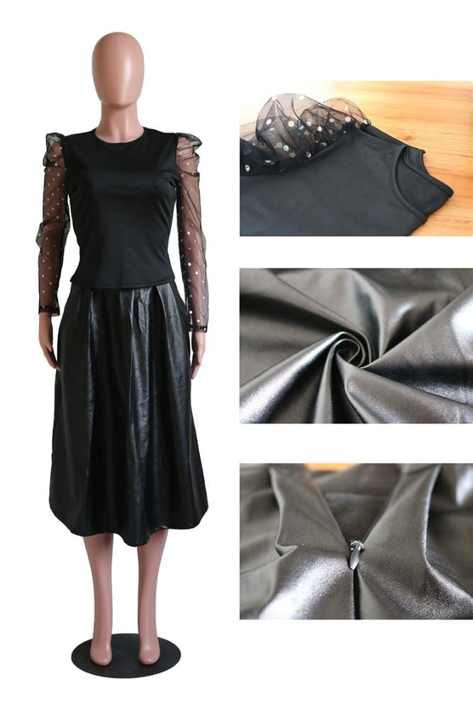 S216 newest long sleeve sequined shirt with pu leather long skirt two piece set women clothing