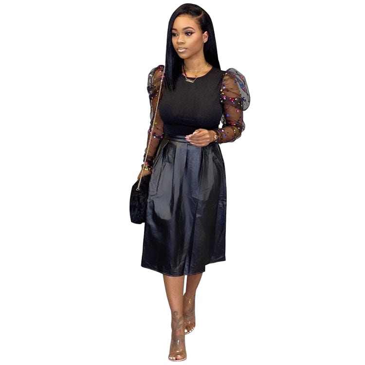 S216 newest long sleeve sequined shirt with pu leather long skirt two piece set women clothing