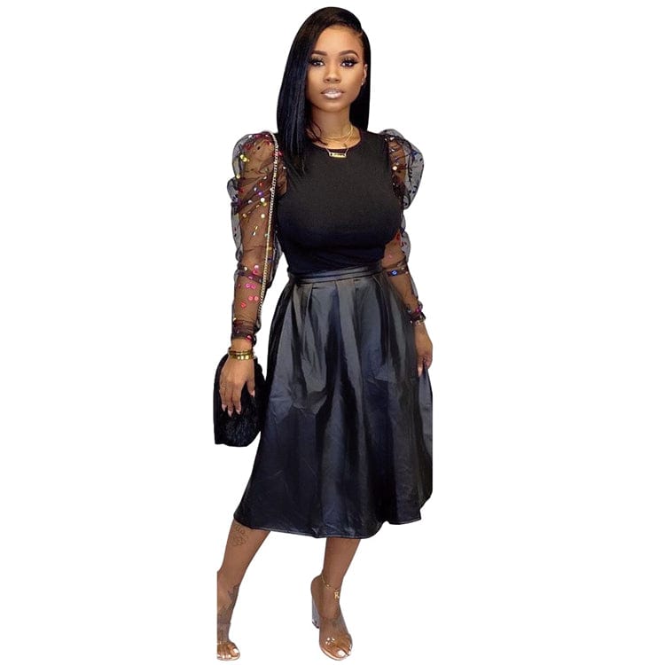 S216 newest long sleeve sequined shirt with pu leather long skirt two piece set women clothing