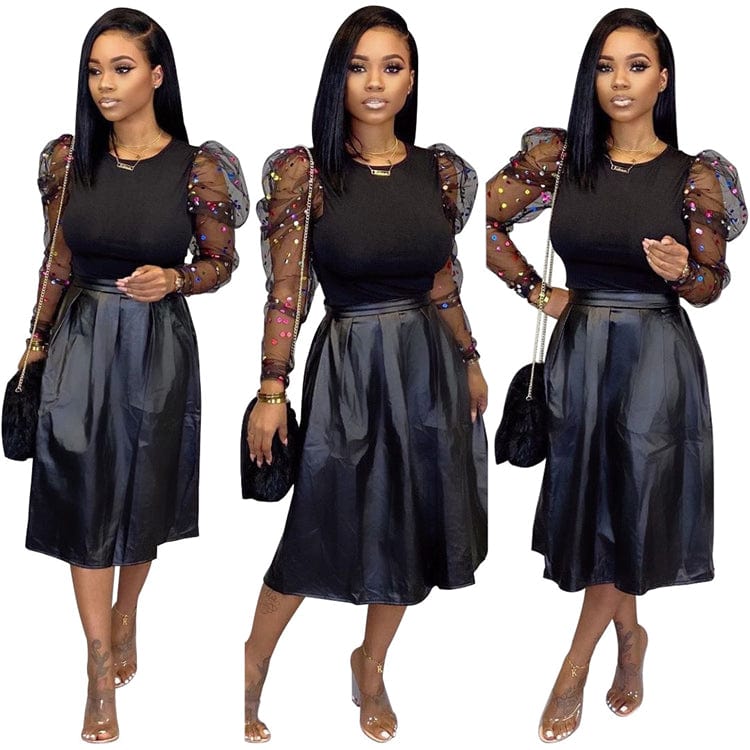 S216 newest long sleeve sequined shirt with pu leather long skirt two piece set women clothing