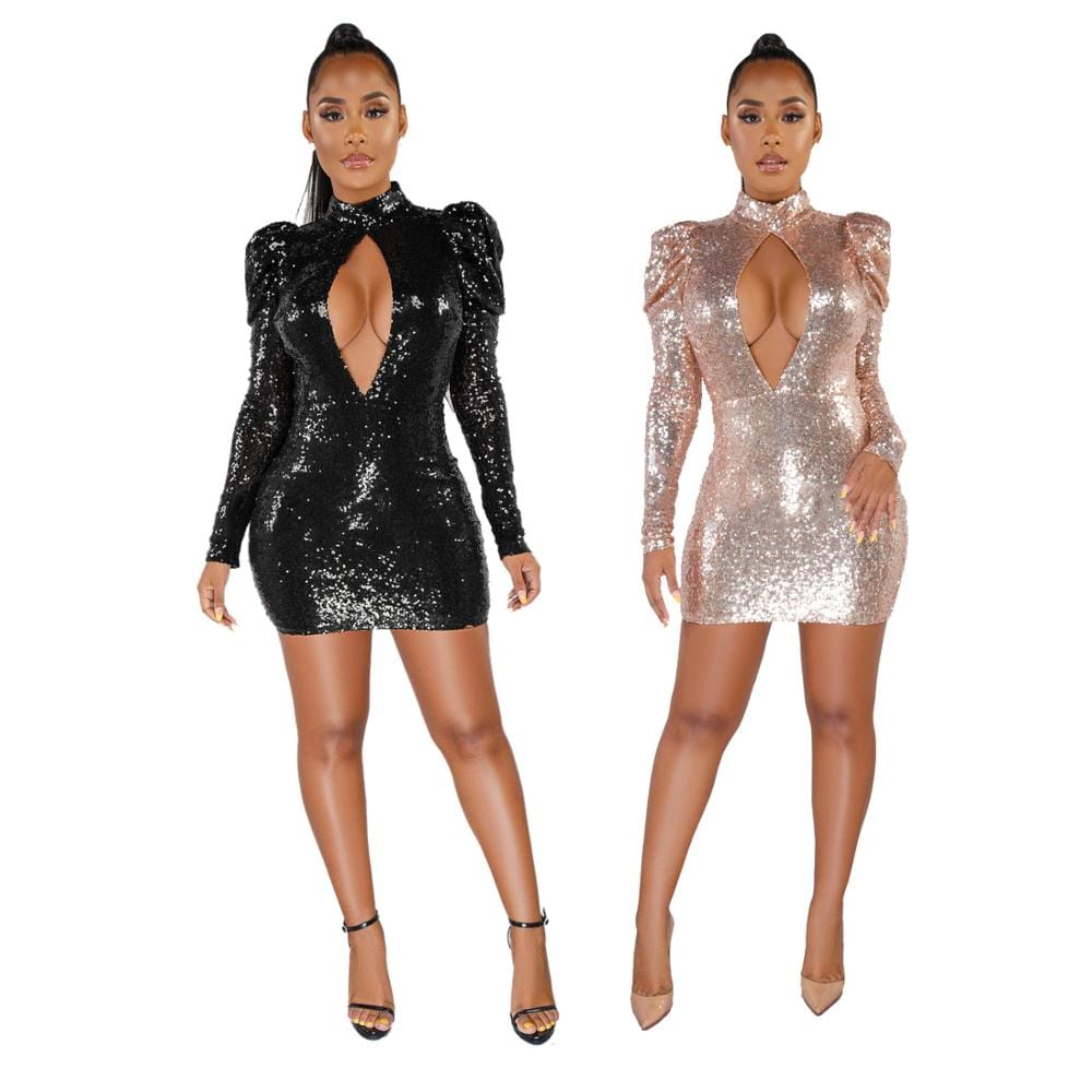 S3834  women female personality sequin backless long sleeve mini dresses