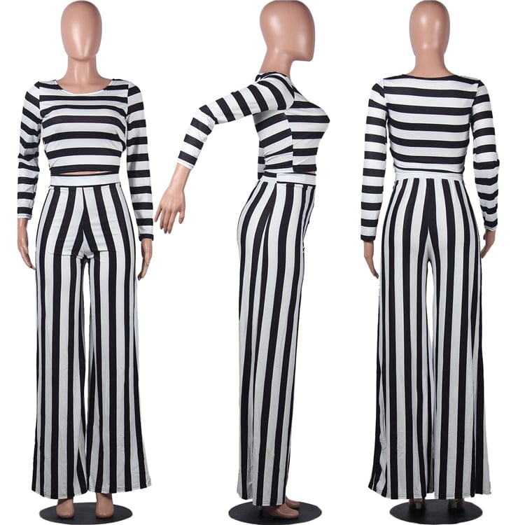 S3845 Fashion long sleeve stripe printing halter wide leg pants latest fashion woman casual two piece set