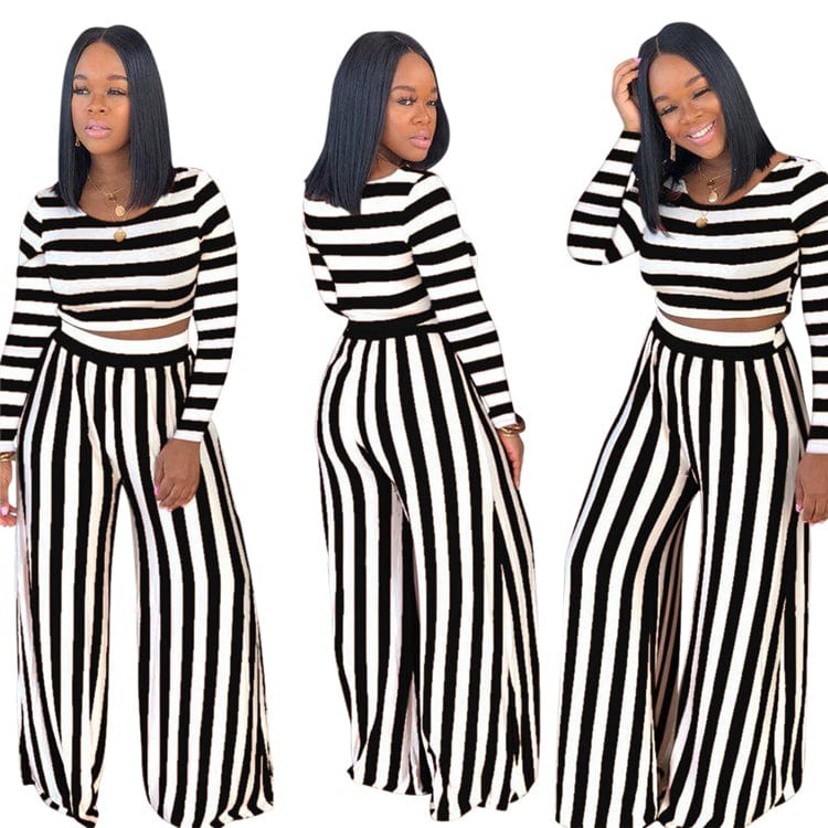 S3845 Fashion long sleeve stripe printing halter wide leg pants latest fashion woman casual two piece set