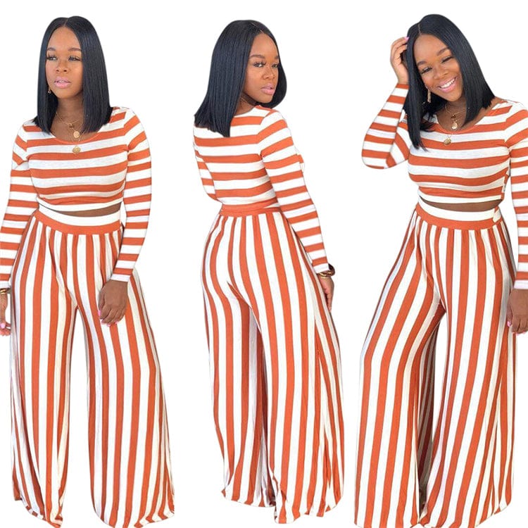 S3845 Fashion long sleeve stripe printing halter wide leg pants latest fashion woman casual two piece set