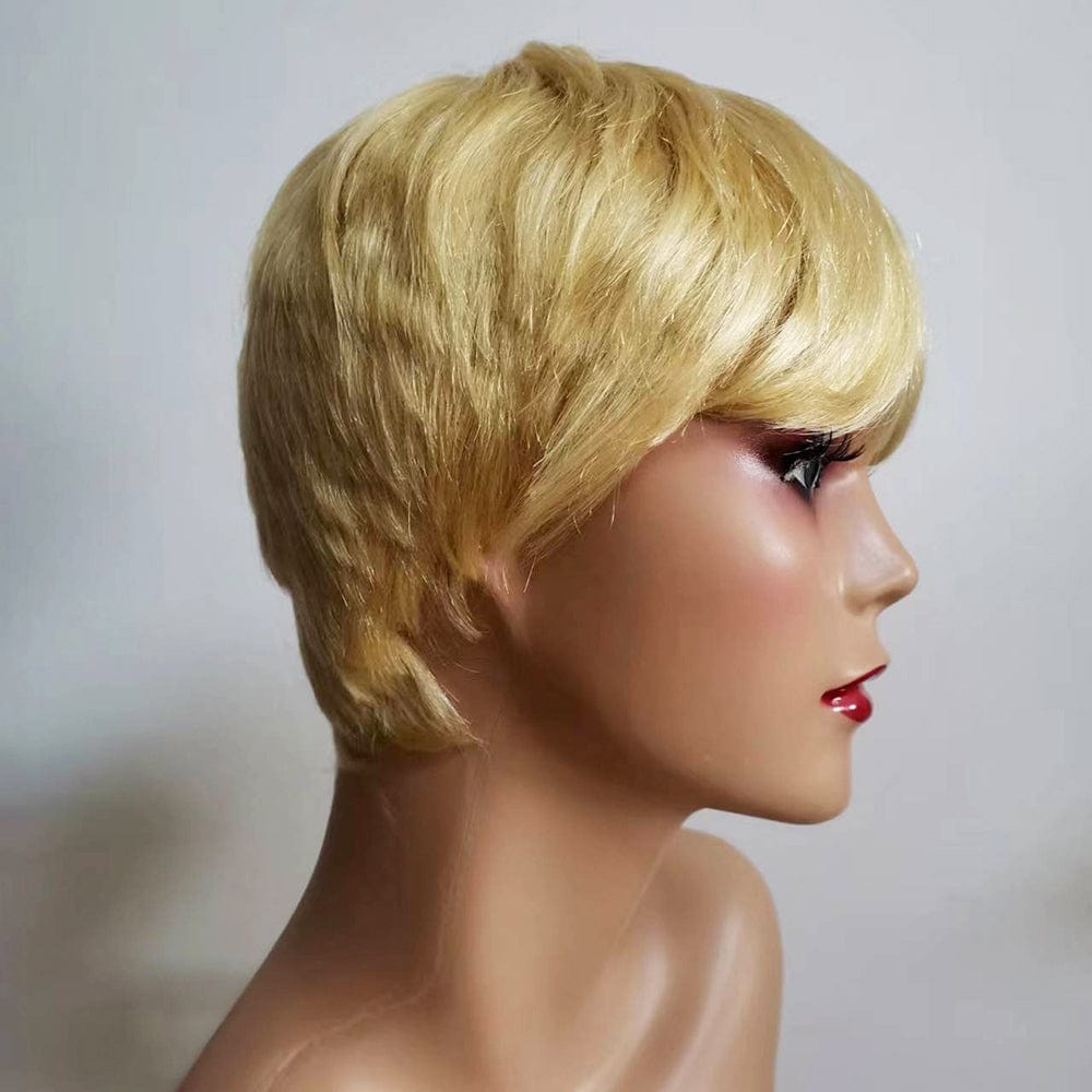 same length with picture / 613# YL RTS 613 Blonde Pixie Cut Wig Human Hair Short Wigs with Bangs For Black Women Full Machine Made Cheap Glueless Wig