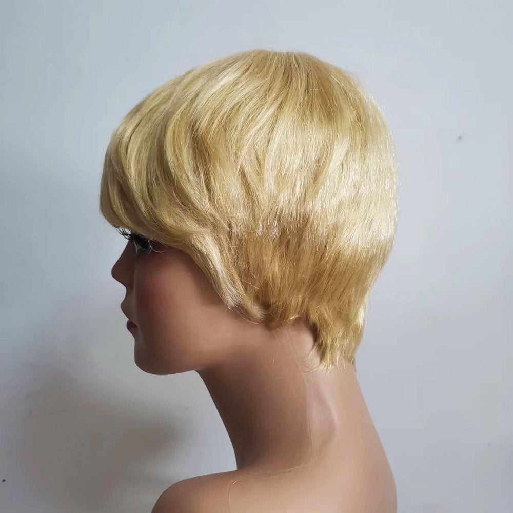 same length with picture / 613# YL RTS 613 Blonde Pixie Cut Wig Human Hair Short Wigs with Bangs For Black Women Full Machine Made Cheap Glueless Wig