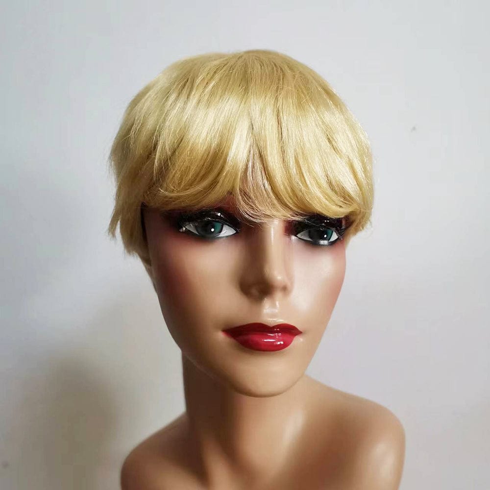 same length with picture / 613# YL RTS 613 Blonde Pixie Cut Wig Human Hair Short Wigs with Bangs For Black Women Full Machine Made Cheap Glueless Wig