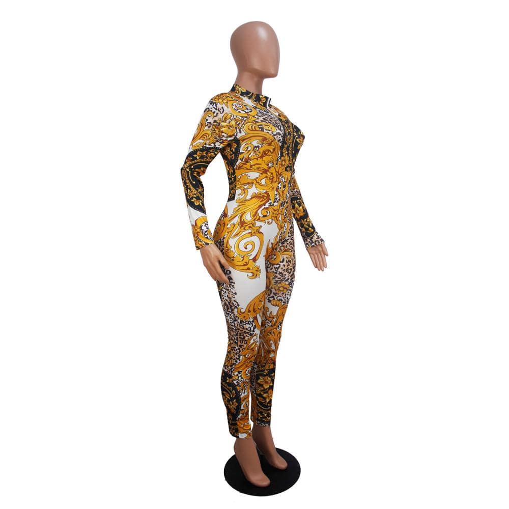 SD9090 - women stylish print long sleeve bandage jumpsuit