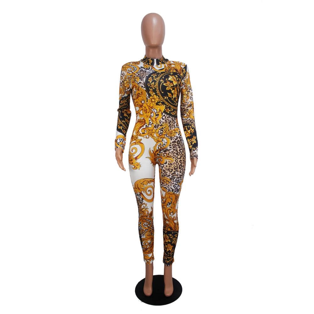 SD9090 - women stylish print long sleeve bandage jumpsuit