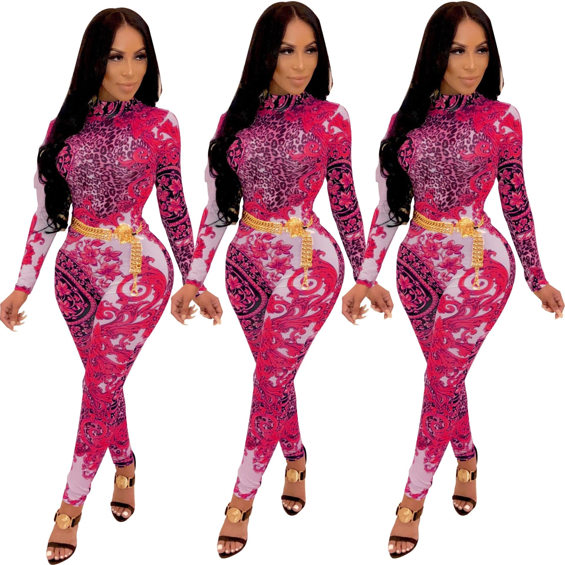 SD9090 - women stylish print long sleeve bandage jumpsuit