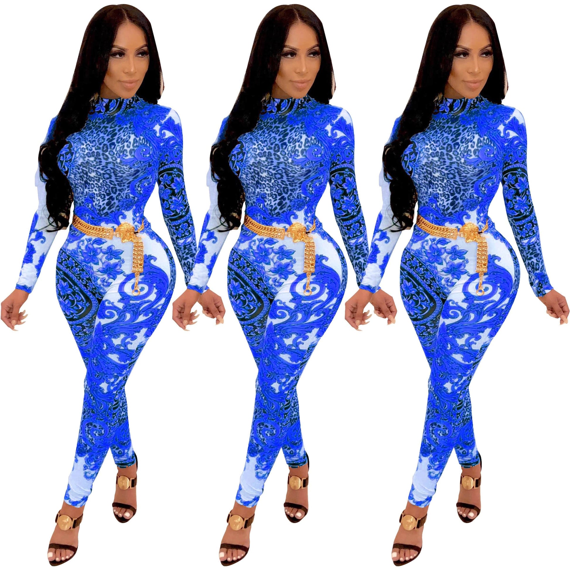 SD9090 - women stylish print long sleeve bandage jumpsuit