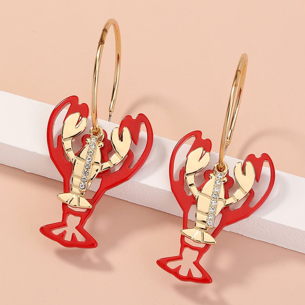 SE502 Red Rhinestone Lobster Earrings Shiny Crayfish Dangler for Women Fashion Personality Drop Earrings