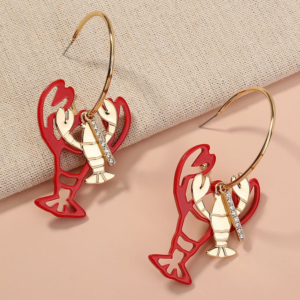 SE502 Red Rhinestone Lobster Earrings Shiny Crayfish Dangler for Women Fashion Personality Drop Earrings