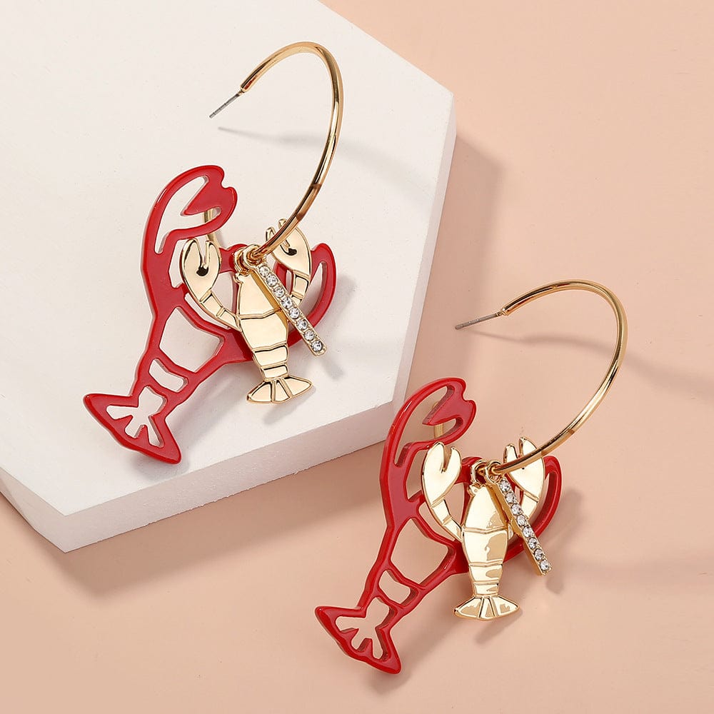 SE502 Red Rhinestone Lobster Earrings Shiny Crayfish Dangler for Women Fashion Personality Drop Earrings