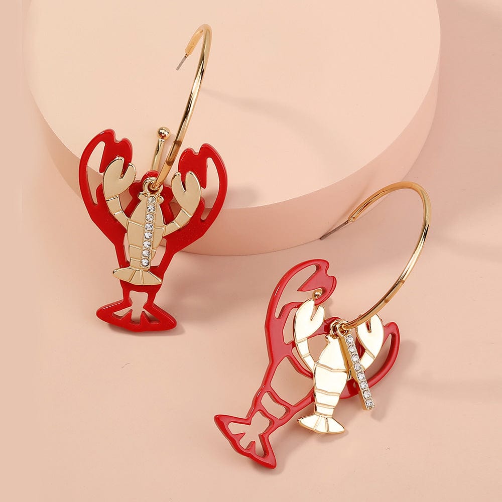 SE502 Red Rhinestone Lobster Earrings Shiny Crayfish Dangler for Women Fashion Personality Drop Earrings