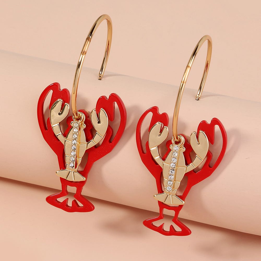 SE502 Red Rhinestone Lobster Earrings Shiny Crayfish Dangler for Women Fashion Personality Drop Earrings