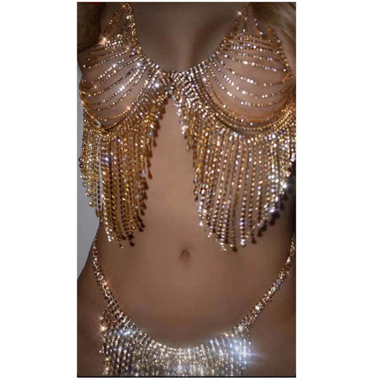 Set-golden Hot rhinestone shiny tassel body chain bikini bras women exotic stripper outfit dancewear clothes sexy luxe diamond lingerie