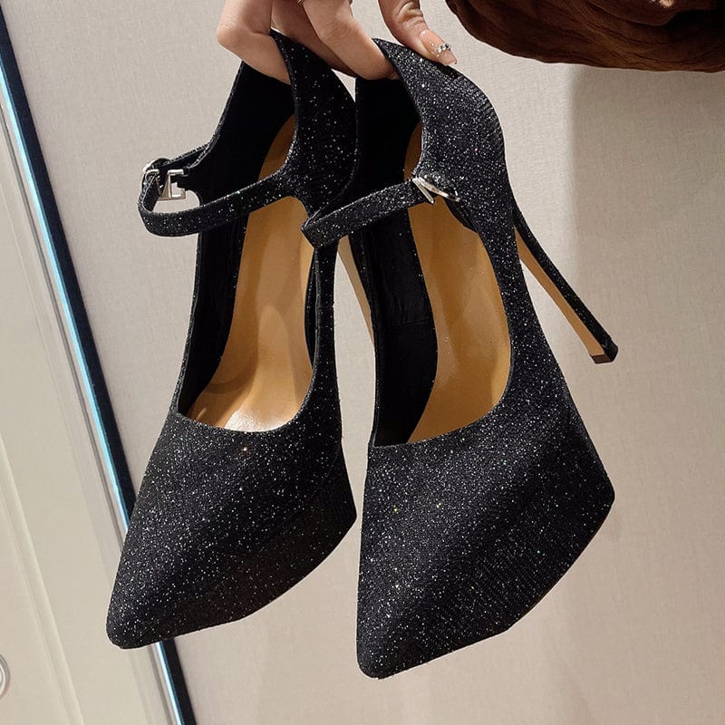 Sexy Bling Sequined Cloth Pointed Toe 2023 Summer Super High Thin Heel Pumps Platform Ankle Buckle Strap Night-Club Women Shoes