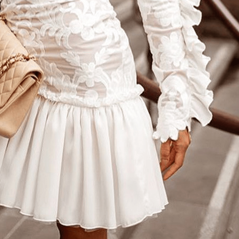 Sexy Bodycon V-neck Lace Ruffle Short White Pleated Women Club Dresses