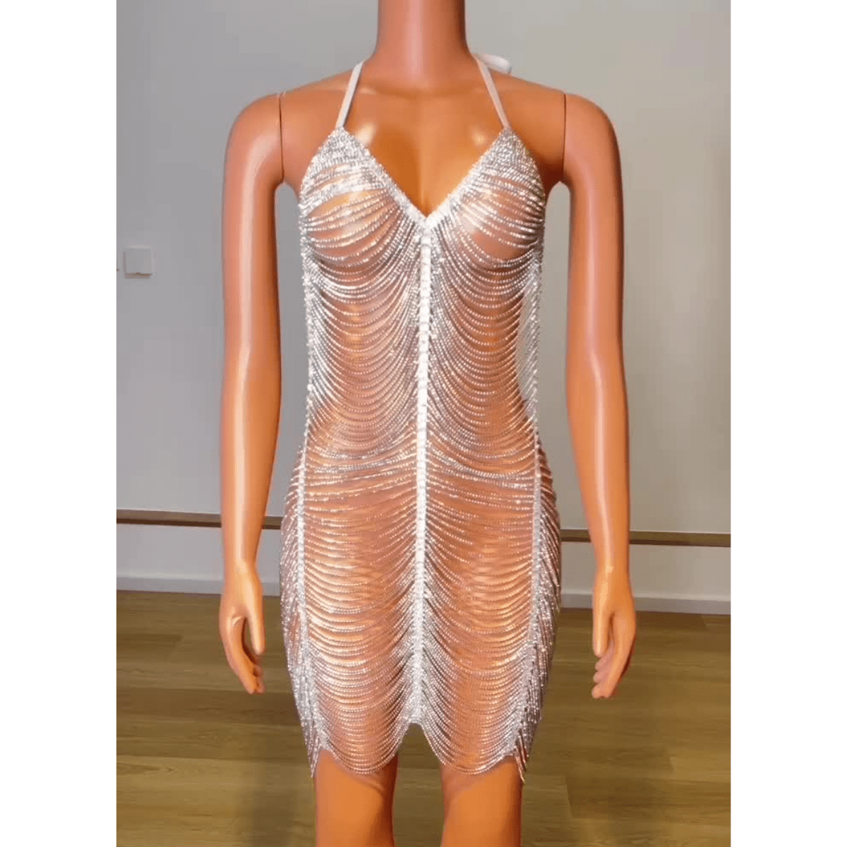 Sexy Hollow Out See Through Luxury Cocktail Dress Full Body Rhinestone Chain Bodice Applique Dress Party Clubnight Mini Dress