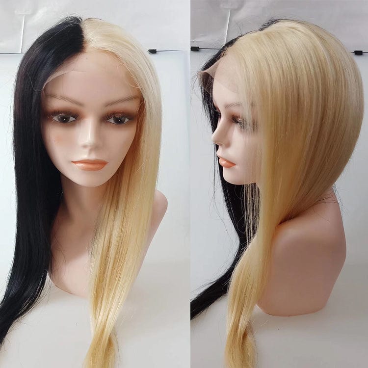 Sexy New Design Half Blonde 613 Half Black Hand Made Human Hair Front Lace Wig  Baby Hair 150% Density  Lace Front Wig For Women