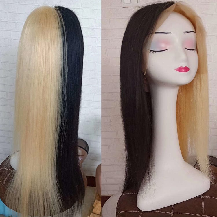 Sexy New Design Half Blonde 613 Half Black Hand Made Human Hair Front Lace Wig  Baby Hair 150% Density  Lace Front Wig For Women