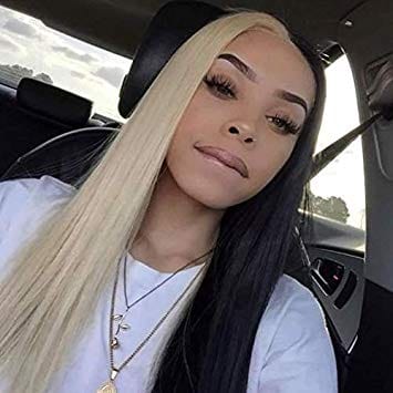 Sexy New Design Half Blonde 613 Half Black Hand Made Human Hair Front Lace Wig  Baby Hair 150% Density  Lace Front Wig For Women