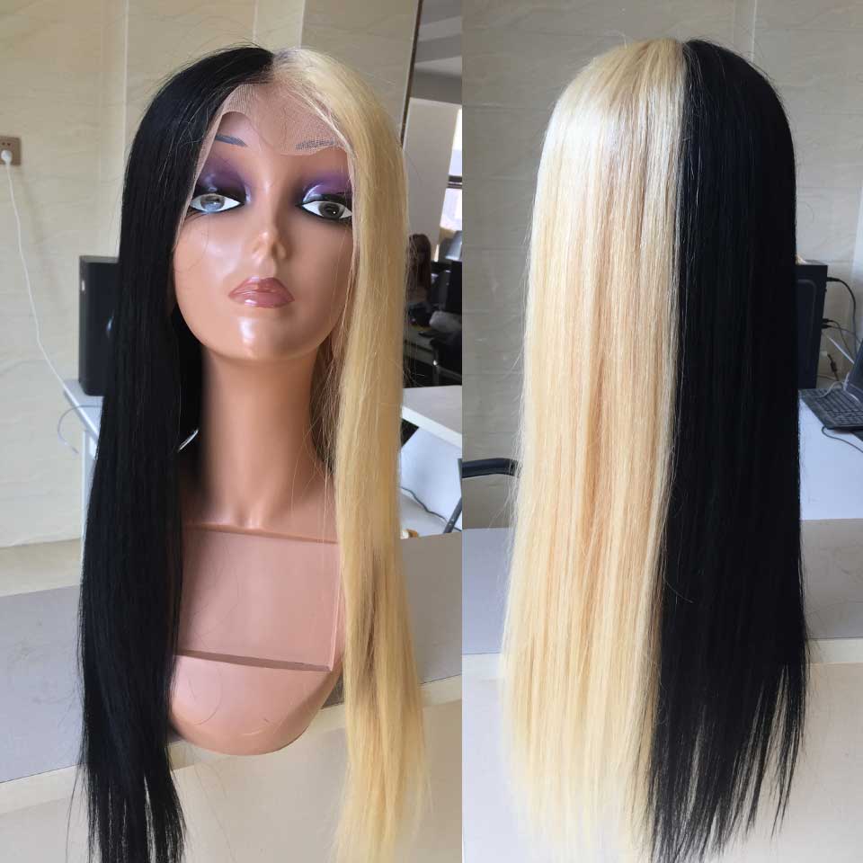 Sexy New Design Half Blonde 613 Half Black Hand Made Human Hair Front Lace Wig  Baby Hair 150% Density  Lace Front Wig For Women