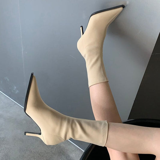 Sexy Pointed Toe Slip-On 2023 New Autumn Winter Solid Thin High Heel Silk Ankle Boots Rome Shoes Party Dress 35-39 Women Shoes