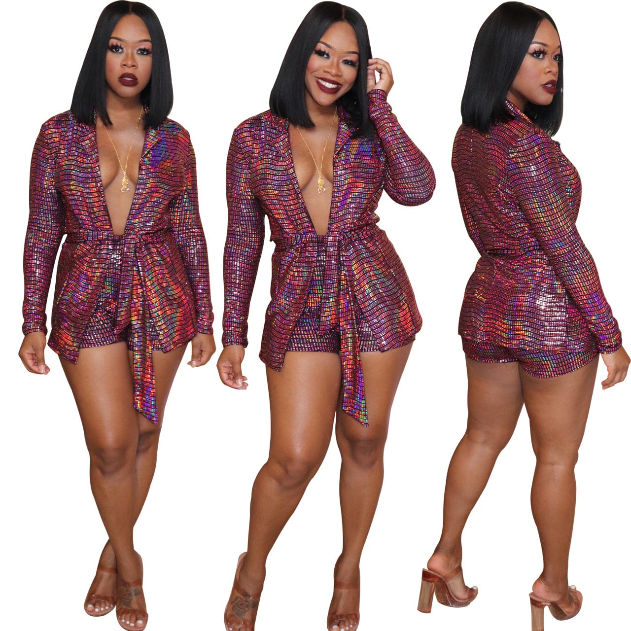 Sexy sequins suit ladies outfits 2 piece shorts sets for women club wear